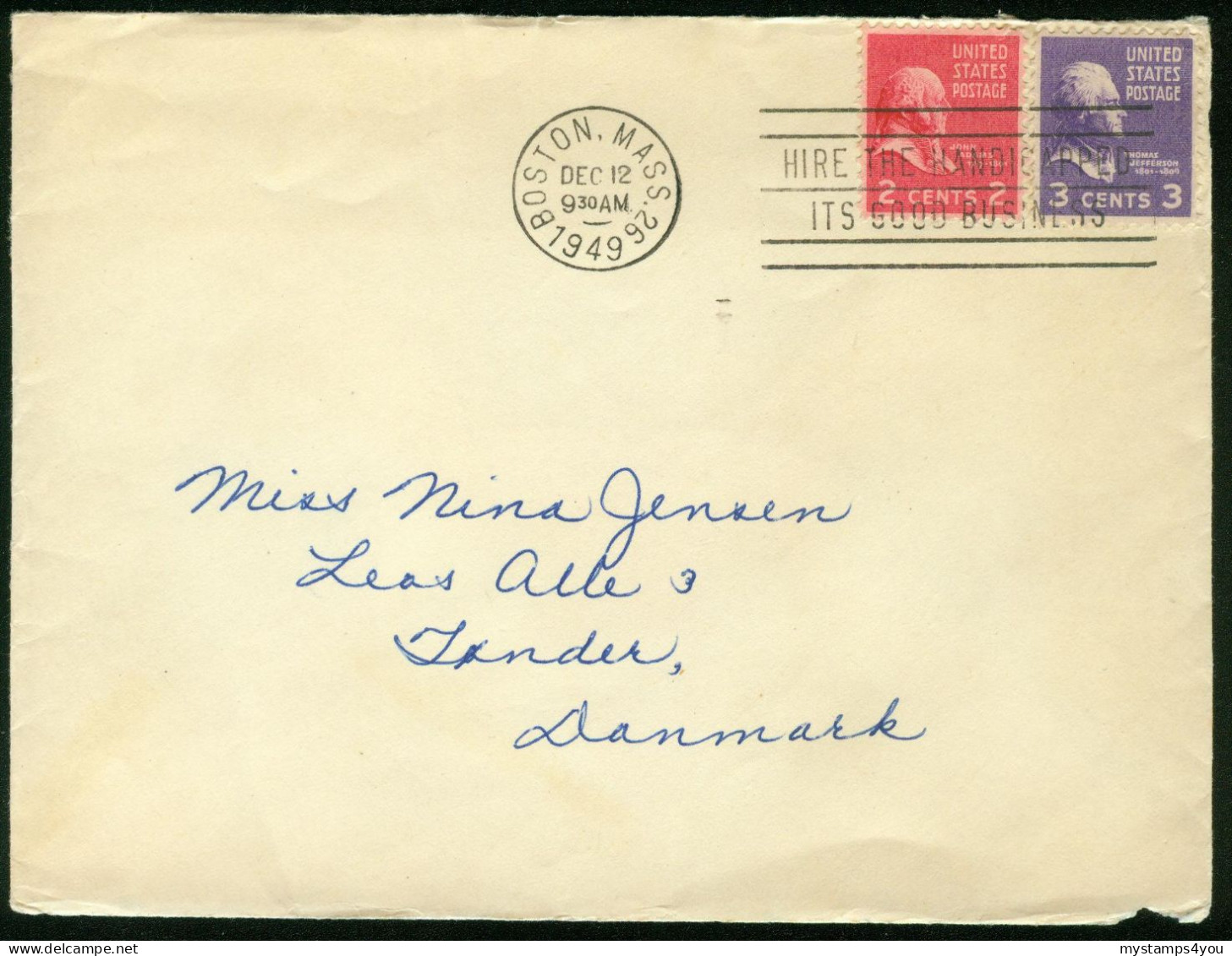 Br USA, Boston MA 1949 Cover > Denmark #bel-1023 - Cartas & Documentos