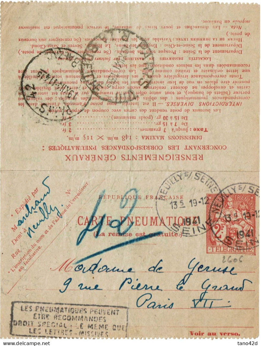 CTN89-2 - FRANCE CARTE LETTRE PNEUMATIQUE CHAPLAIN 2f NEUILLY / PARIS - Neumáticos