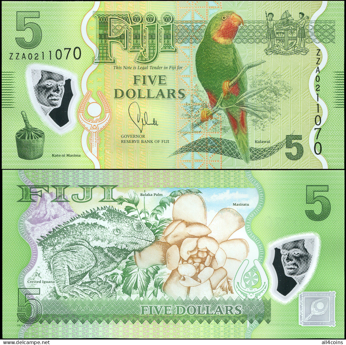 Fiji 5 Dollars. ND (2013) Polymer Unc Replacement. Banknote Cat# P.115a - Fidji