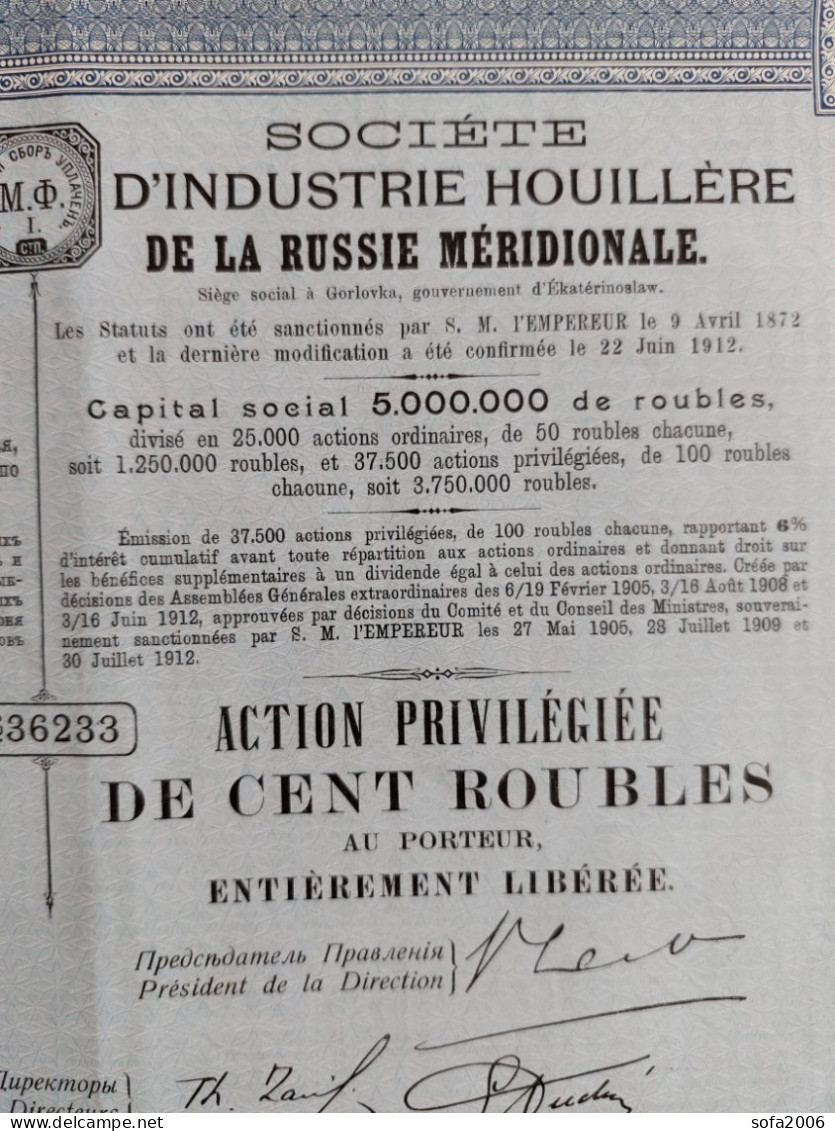 ACTION. SOCIETE D"INDUSTRIE HOUILLERE DE LA RUSSIE MERIDIONALE. - Rusia