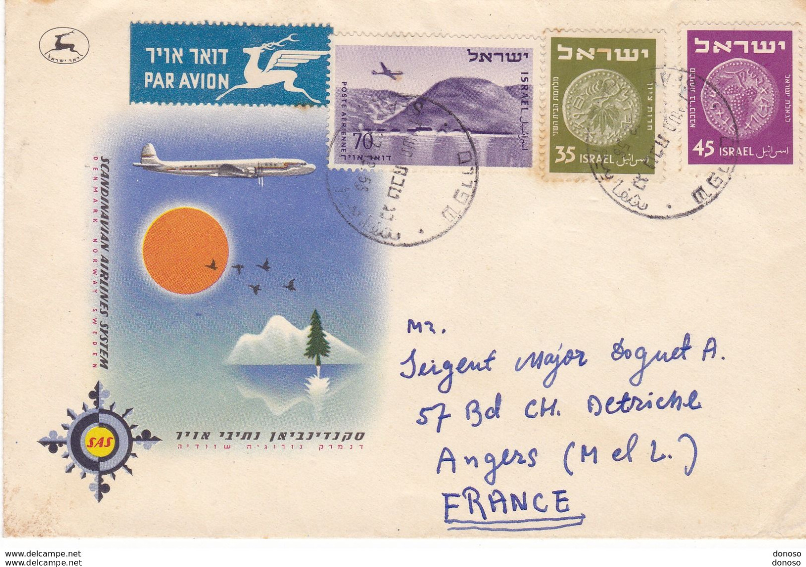 ISRAËL 1956 Lettre Par Avions Pour Angers - Cartas & Documentos