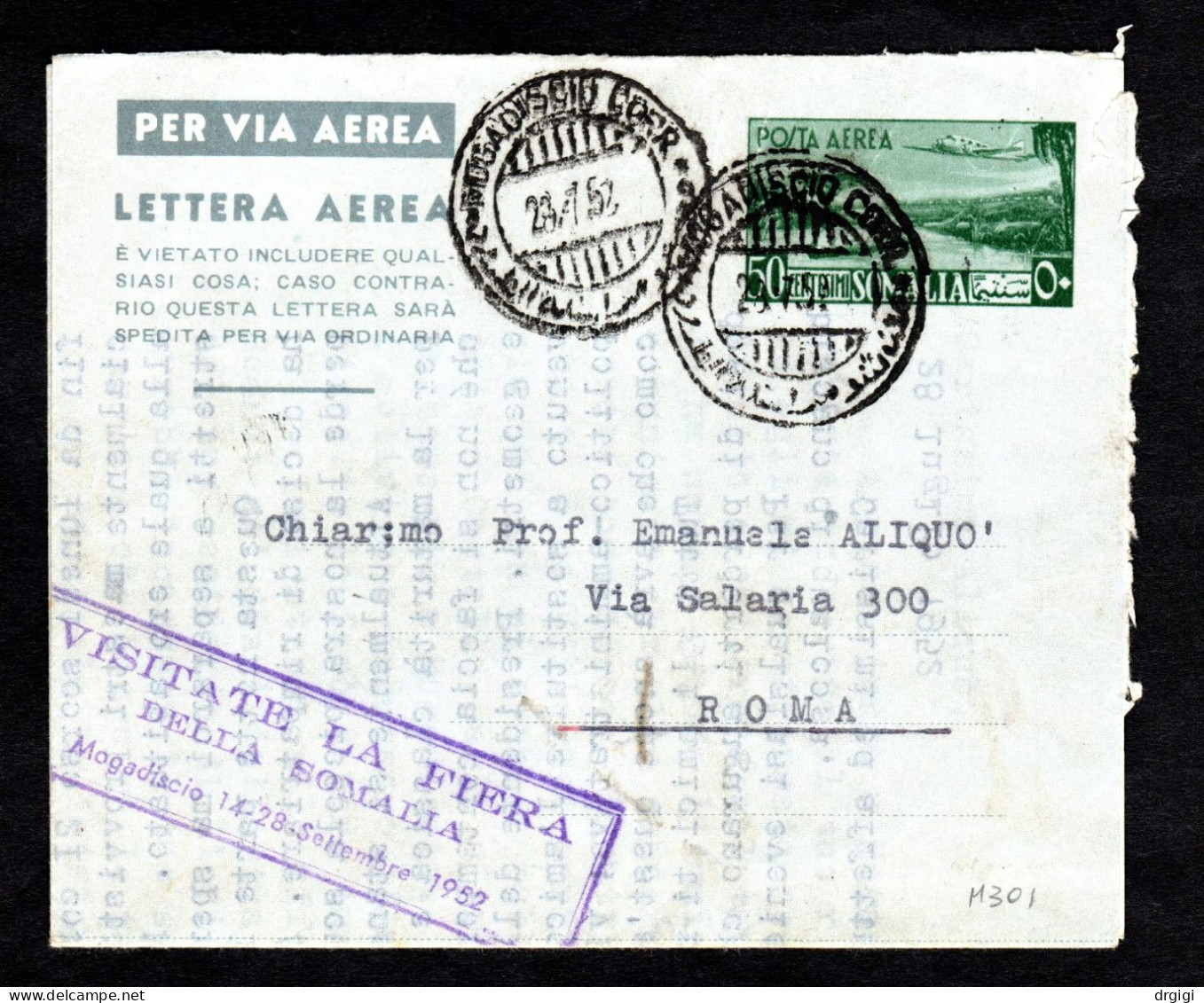 SOMALIA AFIS, 1952, INTERO POSTALE A 1, MOGADISCIO X ROMA - Somalia (AFIS)