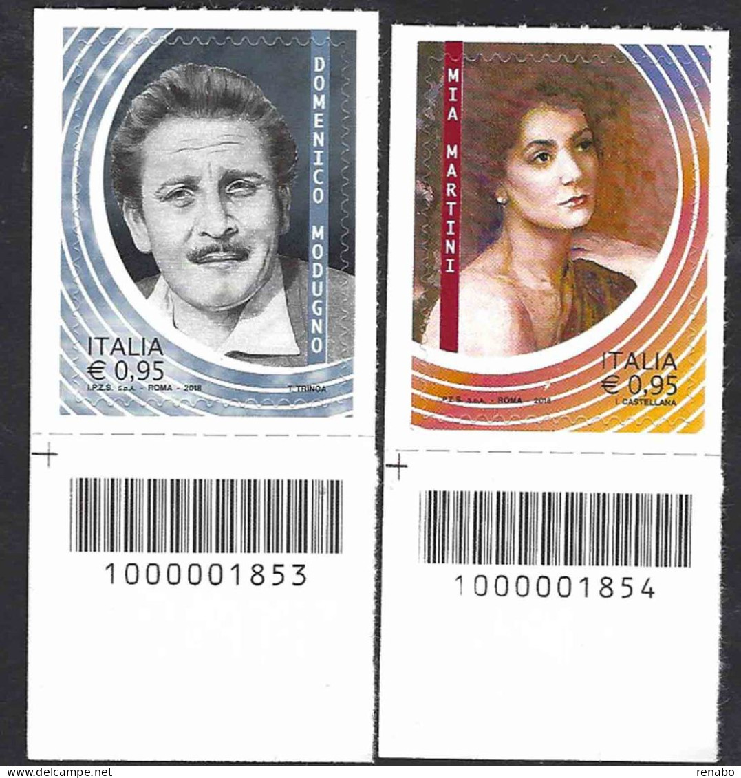 Italia 2018; Domenico Modugno E Mia Martini, Eccellenze Italiane Dello Spettacolo; Serie Completa Con Codice A Barre. - Bar Codes