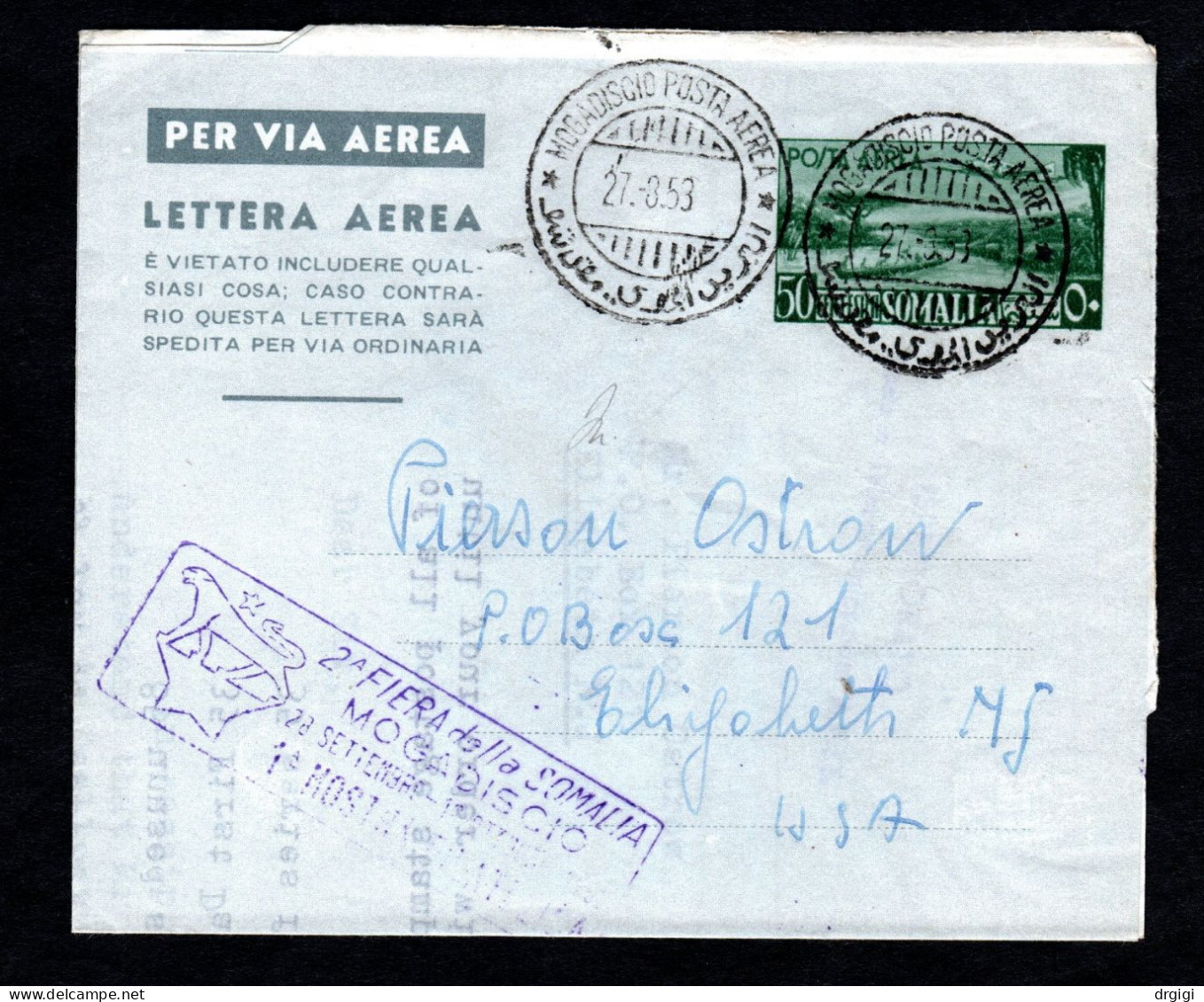 SOMALIA AFIS, 1953, INTERO POSTALE A 1, MOGADISCIO X ELIZABETH, USA - Somalie (AFIS)