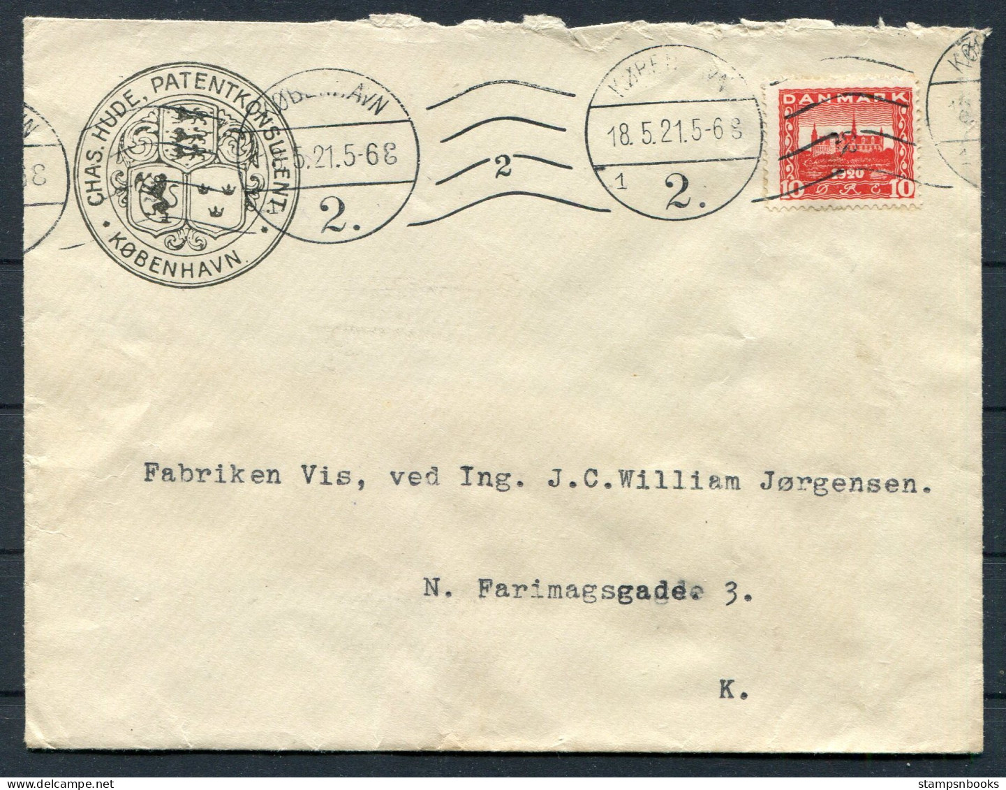 1921 Denmark Chas. Hude Patentkonsulent Copenhagen Patent Office Cover  - Storia Postale