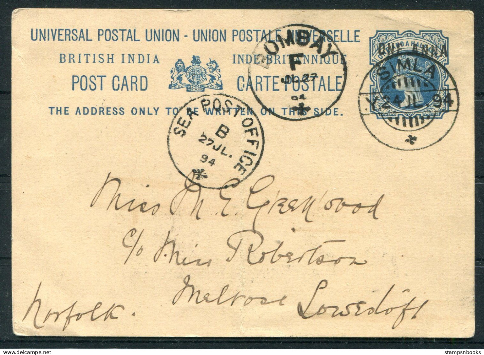 1894 India Stationery Postcard Simla - Lowestoft England Via Bombay, Sea Post Office  - 1882-1901 Imperium