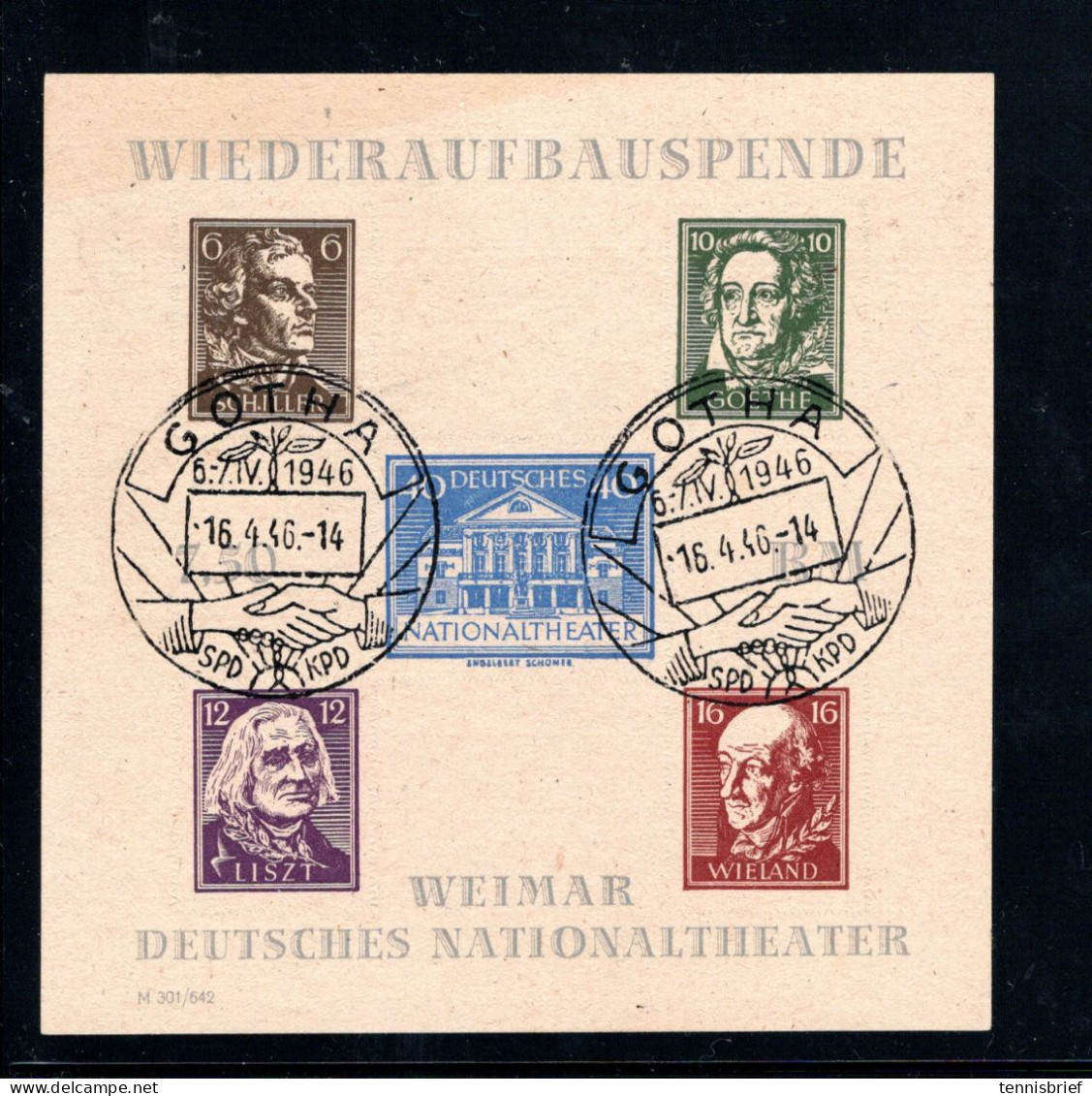 1946, Goethe Block , Block 3  Durchstochen, Selt. Stp. " GOTHA-SPD--KPD 16.4.46 " Tief Signiert BPP , Mi. 220,-++  #110 - Usados