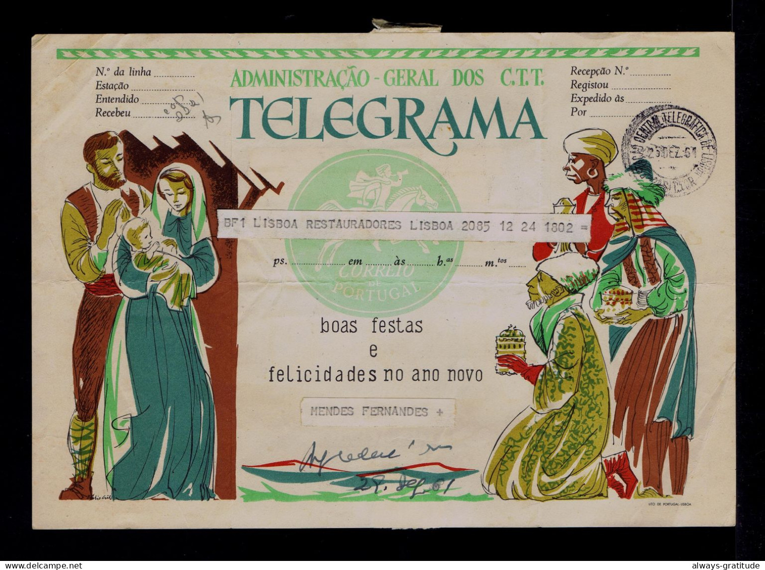 Sp10451 PORTUGAL Used 1961 SCARCE +pmk Telegramme Christmas Noel Magos Kings Gifts Cover Postal Stationery - Weihnachten
