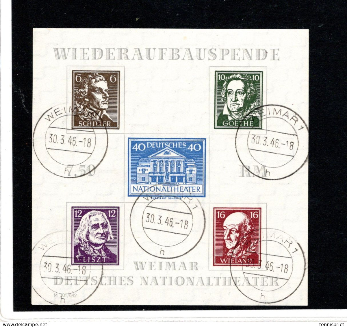 1946, Goethe Block , Block 3 Ungezähnt , Passender  Stp. " WEIMAR 30.3.46 "16.4.46 " , Mi. 80,-+ #111 - Oblitérés