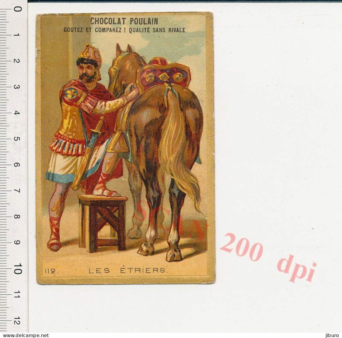 Image Chromo Gaufrée Ancienne Chocolat Poulain Les étriers Cheval Invention Anciens étriers - Poulain