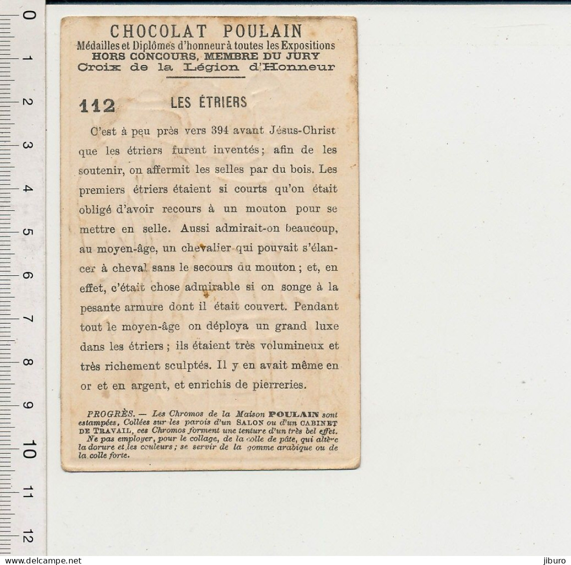 Image Chromo Gaufrée Ancienne Chocolat Poulain Les étriers Cheval Invention Anciens étriers - Poulain