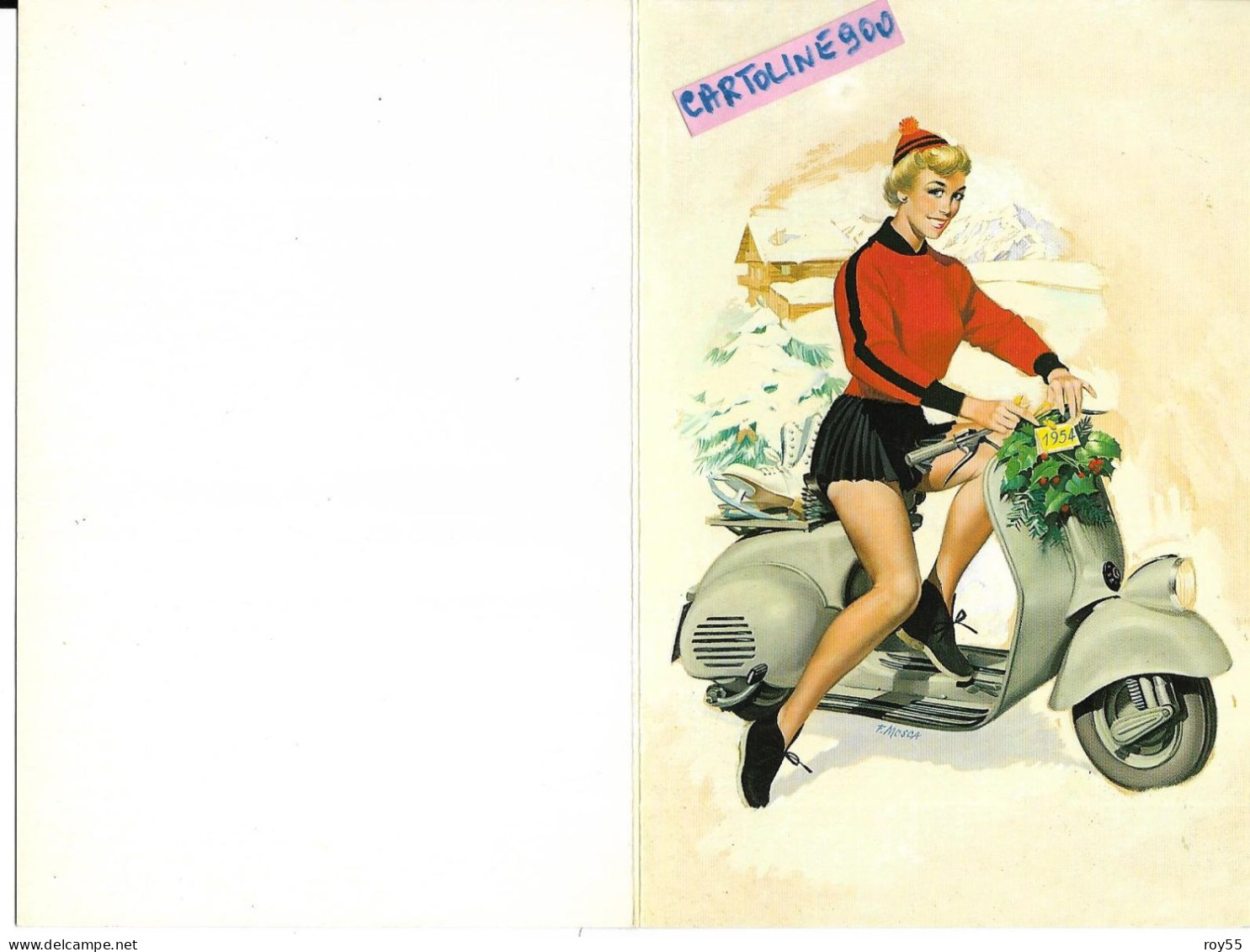 Vespa Dell'anno 1954 Con Ragazza Del Vespa Club Genova Su Cartolina Doppia Illustratore F.mosca (v.scansioni) - Motos