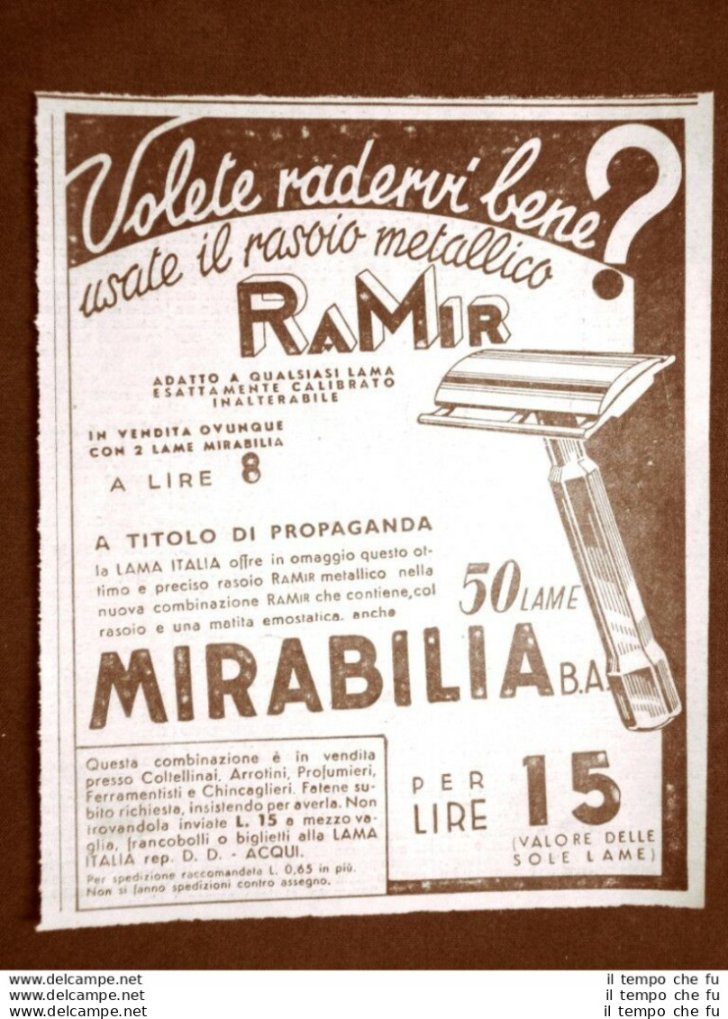Pubblicità Del 1945 Rasoio Metallico Da Barba Ramir Mirabilia - Otros & Sin Clasificación