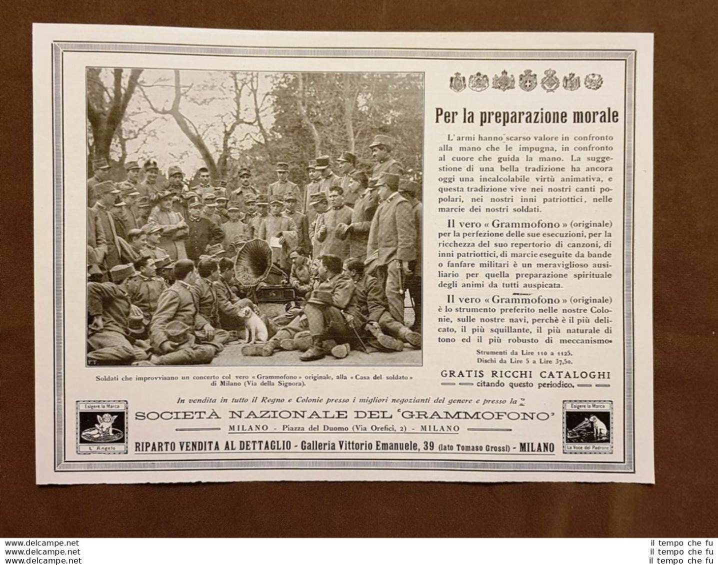 Pubblicità 1915 Società Nazionale Del Grammofono Morale WW1 1a Guerra Mondiale - Autres & Non Classés