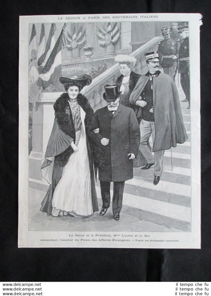 Regina Elena E Presidente Francia Loubet, Vittorio Emanuele III Stampa Del 1903 - Autres & Non Classés