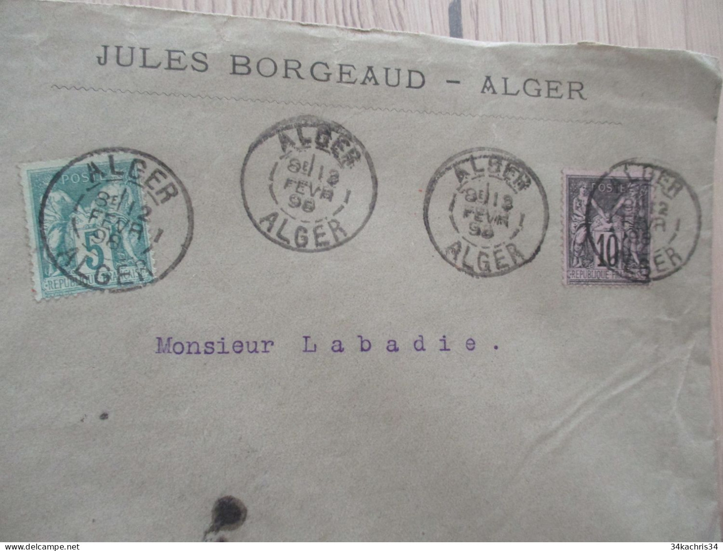 F5 Algérie Lettre 1898 Alger Pour Meneaux Lot Et Garonne 2 TP Type Sage France - Andere & Zonder Classificatie