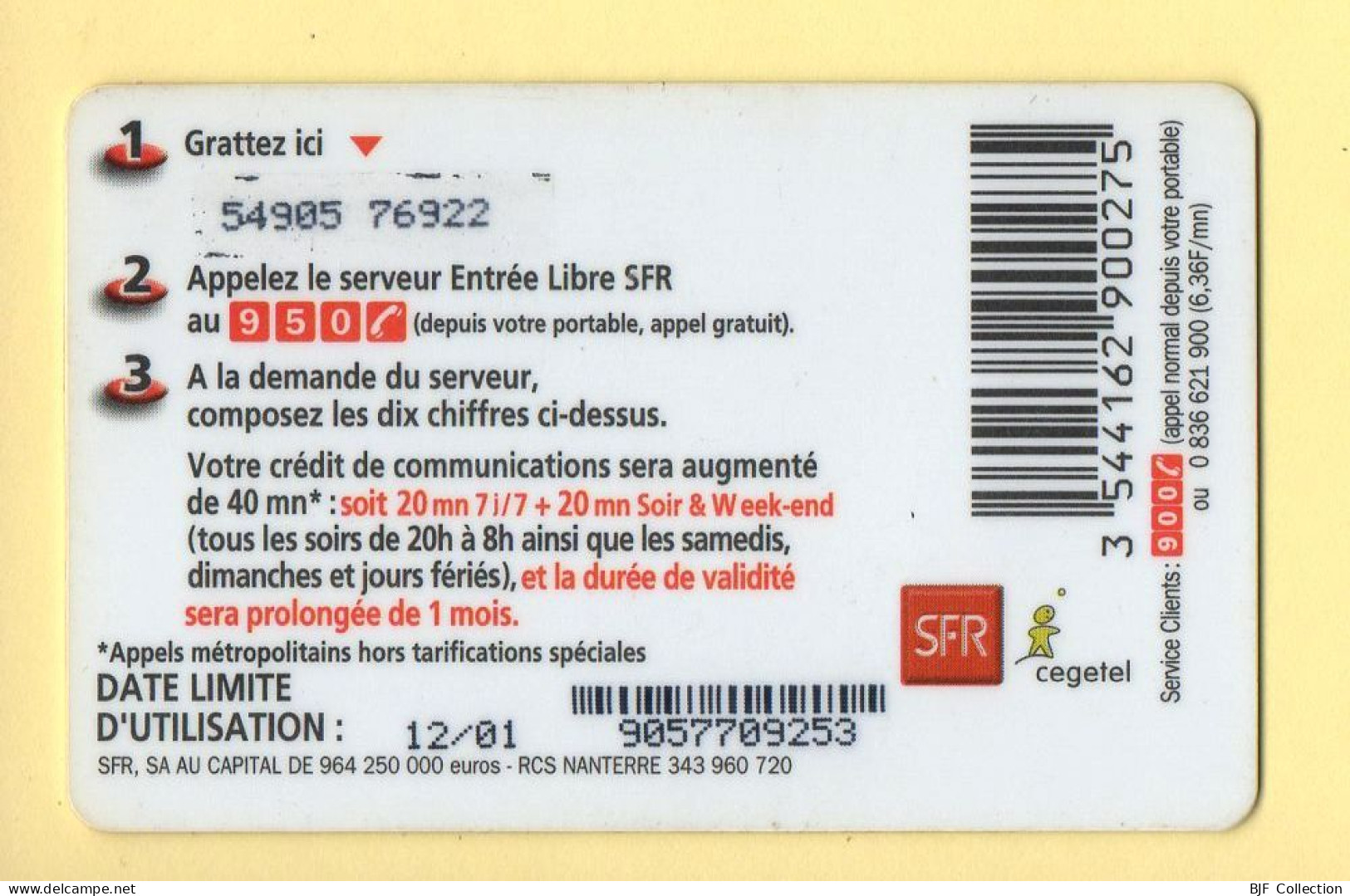 Carte Prépayée : SFR (CEGETEL) Entrée Libre / 40 Minutes - Autres & Non Classés