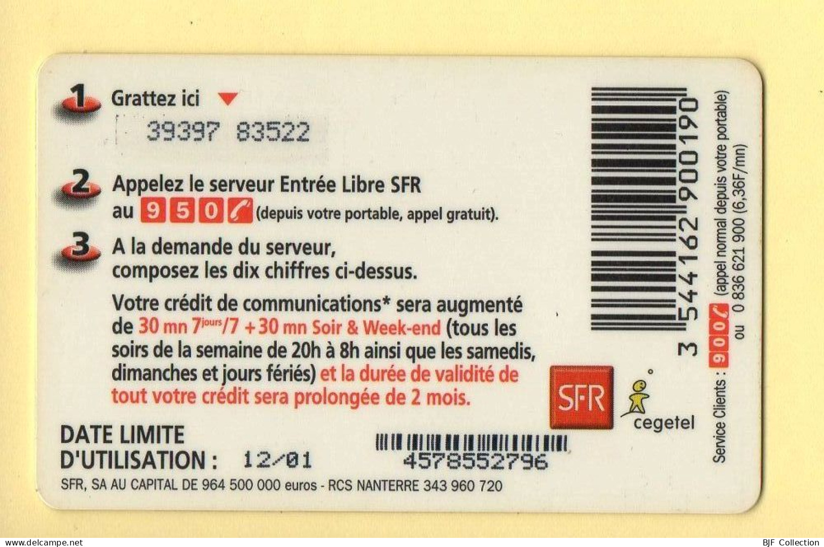 Carte Prépayée : SFR (CEGETEL) Entrée Libre / 60 Minutes - Otros & Sin Clasificación