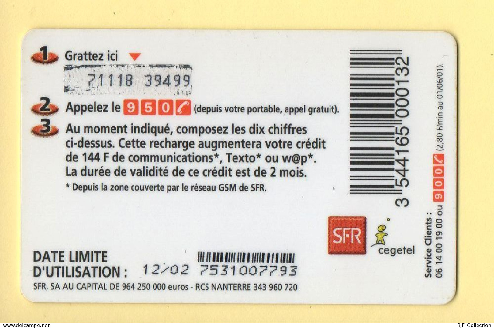 Carte Prépayée : SFR (CEGETEL) La Carte / 144 F (21,90 E) - Sonstige & Ohne Zuordnung
