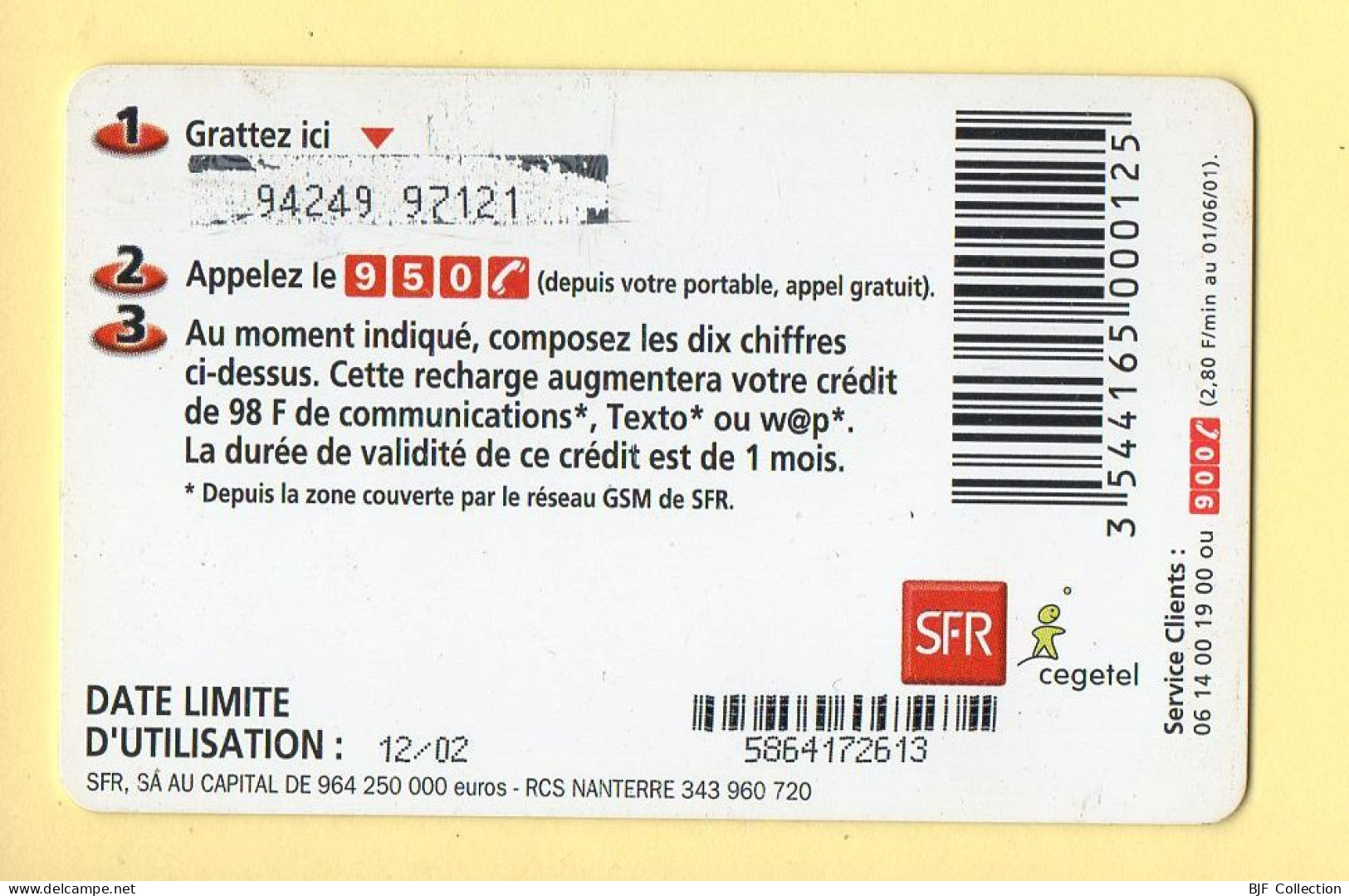 Carte Prépayée : SFR (CEGETEL) La Carte / 98 F (14,90 E) - Andere & Zonder Classificatie