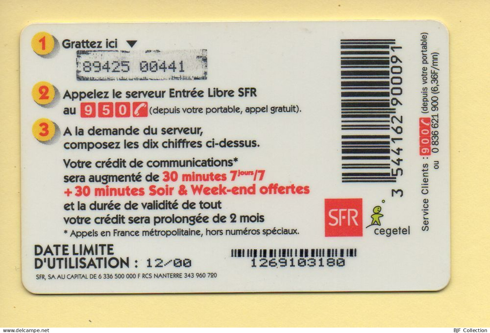 Carte Prépayée : SFR (CEGETEL) Entrée Libre / 30 Minutes - Sonstige & Ohne Zuordnung