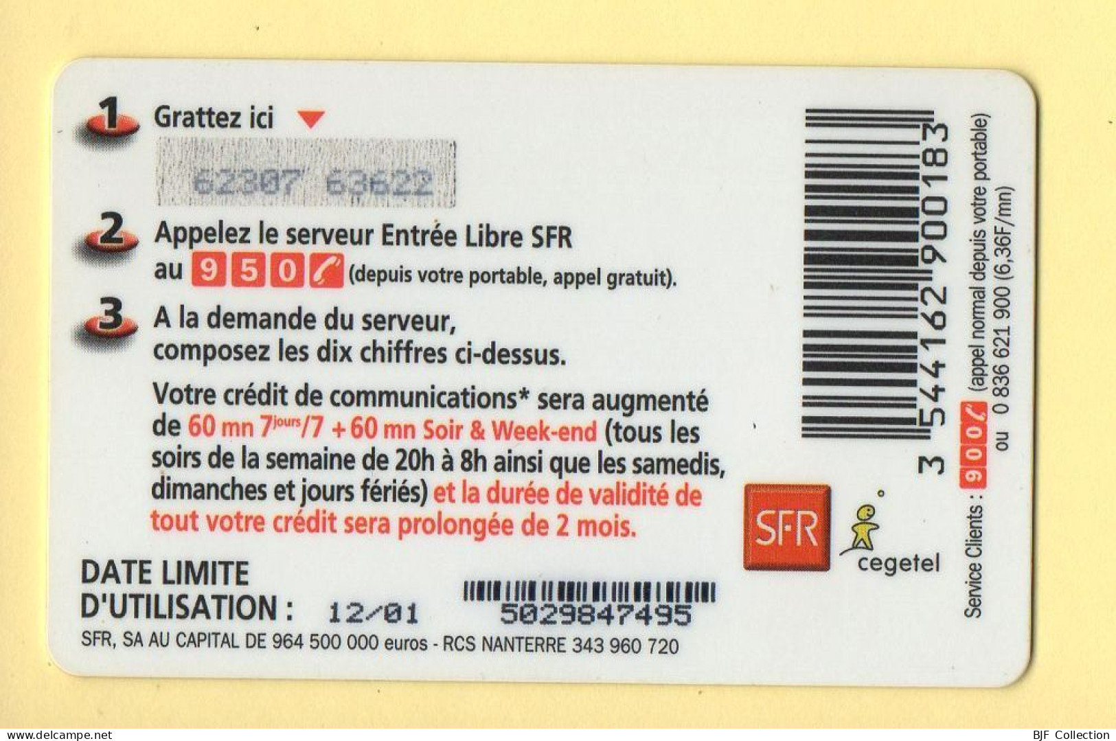 Carte Prépayée : SFR (CEGETEL) Entrée Libre / 120 Minutes - Autres & Non Classés