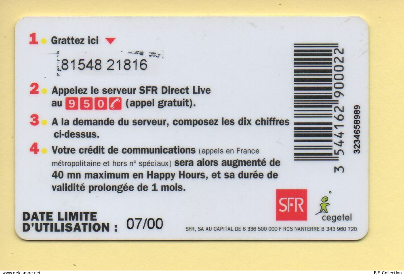 Carte Prépayée : SFR (CEGETEL) Direct Live / Jusqu'à 40 Mn En Happy Hours - Altri & Non Classificati