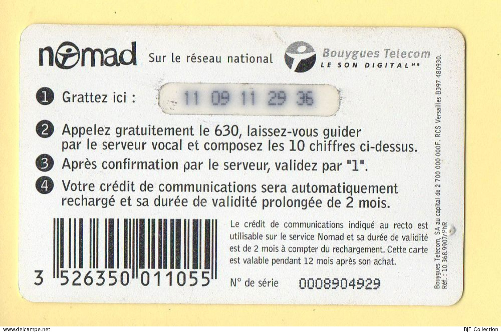 Carte Prépayée : NOMAD SMALL / 75 Francs / Bouygues Telecom - Autres & Non Classés