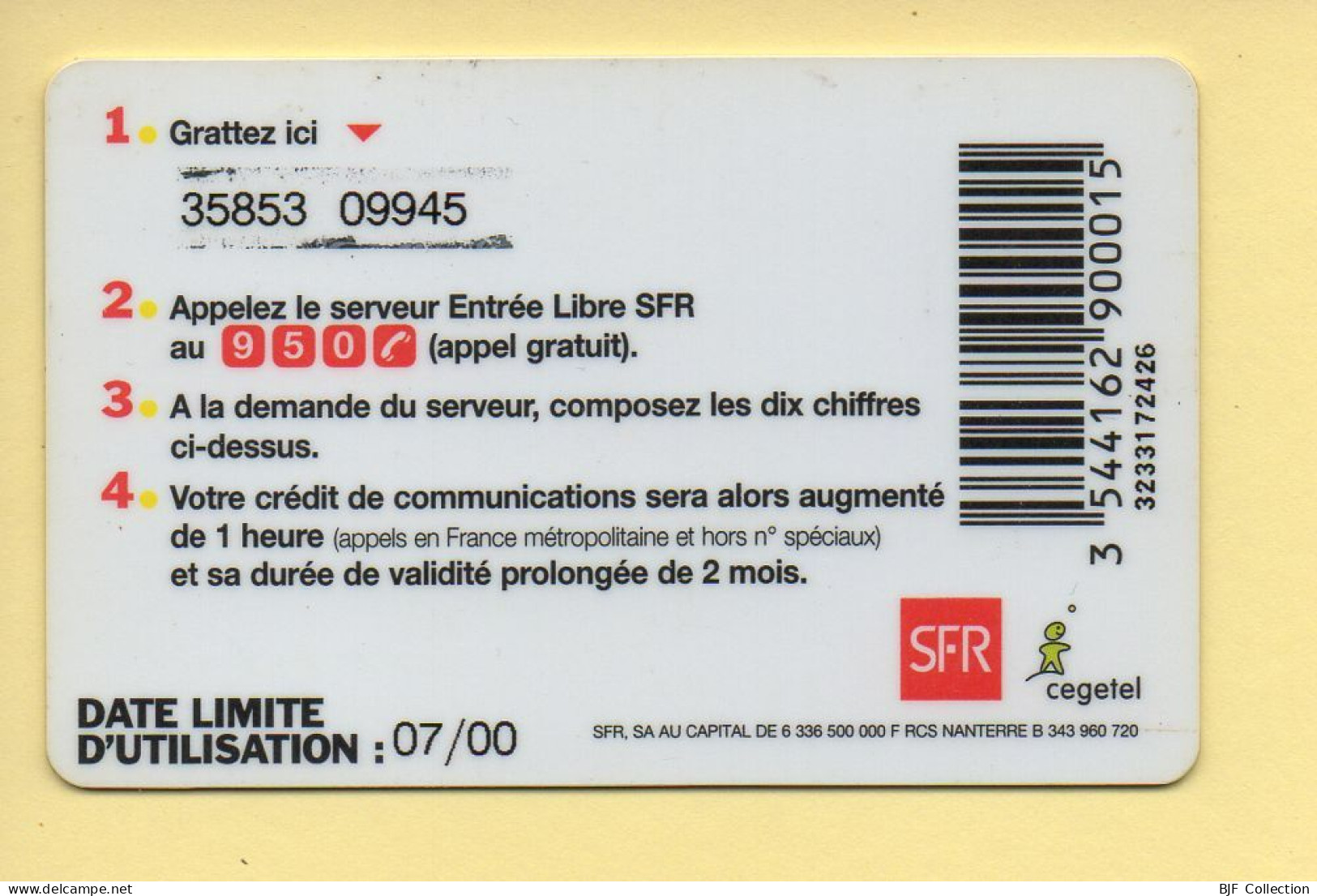 Carte Prépayée : SFR (CEGETEL) Entrée Libre / 1 Heure - Other & Unclassified