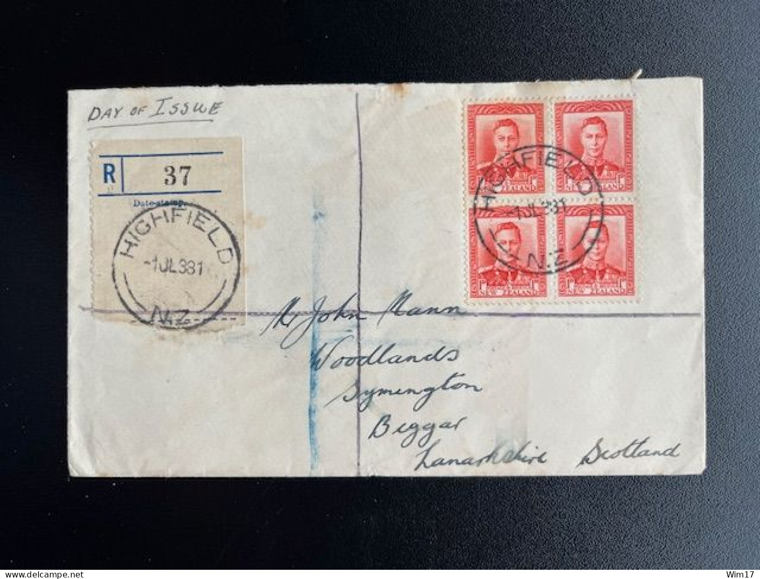 NEW ZEALAND 1938 REGISTERED LETTER HIGHFIELD TO BIGGAR SCOTLAND 01-07-1938 NIEUW ZEELAND - Lettres & Documents