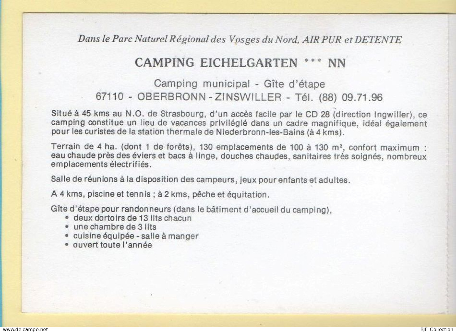 67. OBERBRONN-ZINSWILLER – Camping EICHELGARTEN / Carte Double (voir Scan Recto/verso) - Niederbronn Les Bains