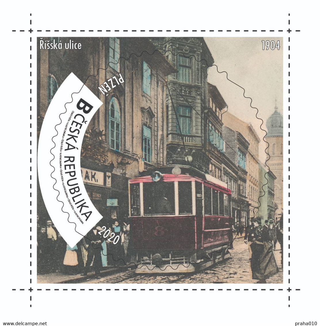 Czech Rep. / My Own Stamps (2020) 1005: City Plzen (1295-2020) - Pilsen (1904) Historic Tram, Synagogue, Tobacco Shop - Tobacco