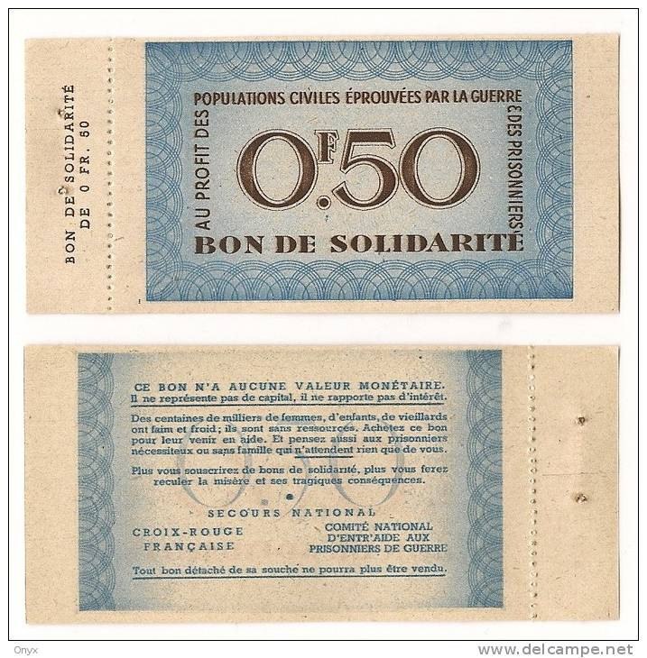 FRANCE / FRANCIA - BON DE SOLIDARITE - 50 CENTIMES /  AVEC SOUCHE - ETAT NEUF - Notgeld