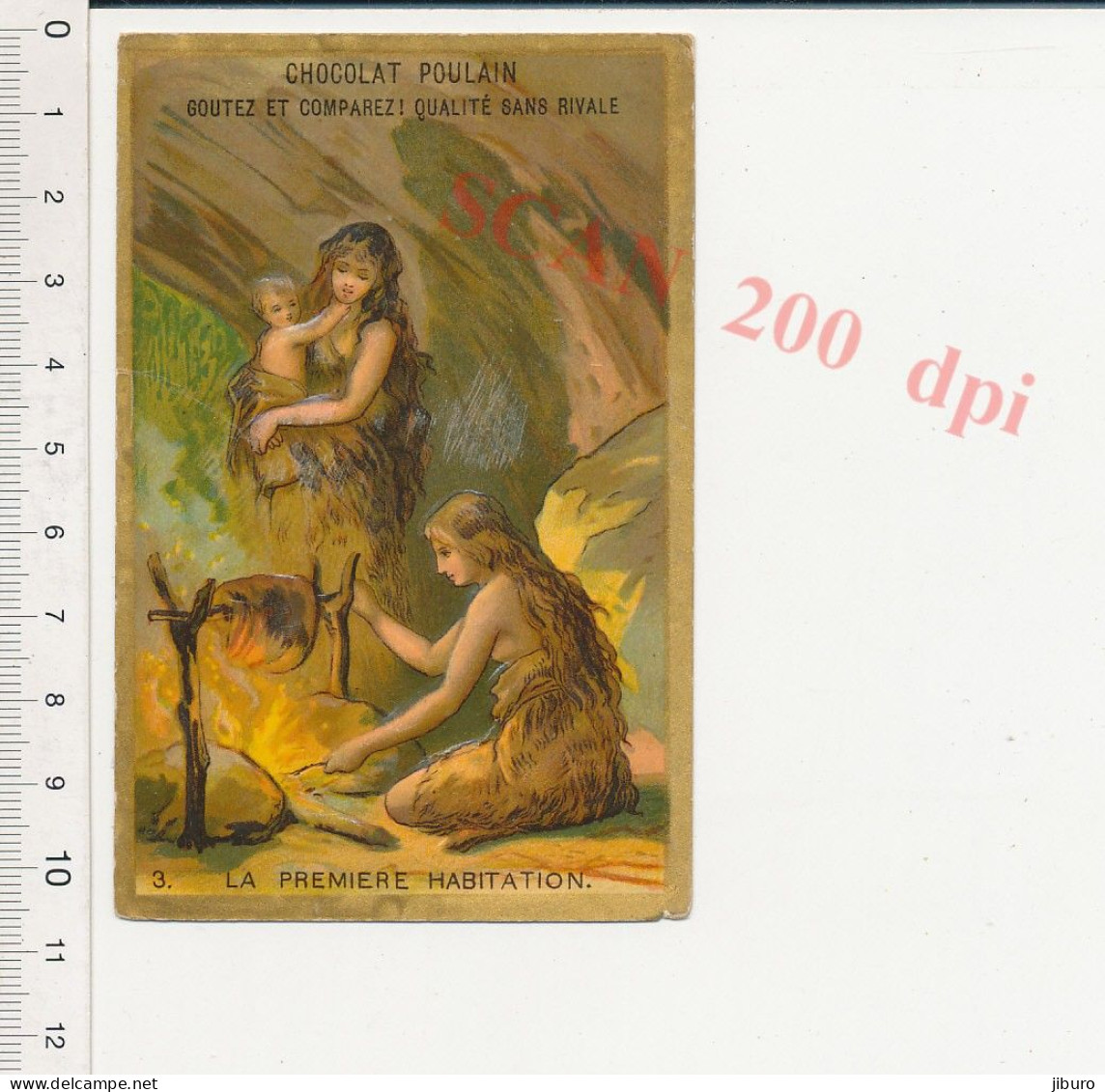 Image Chromo Gaufrée Ancienne Chocolat Poulain Progrès Grotte Hommes Préhistoriques Habitation Feu Caverne Repas Viande - Poulain