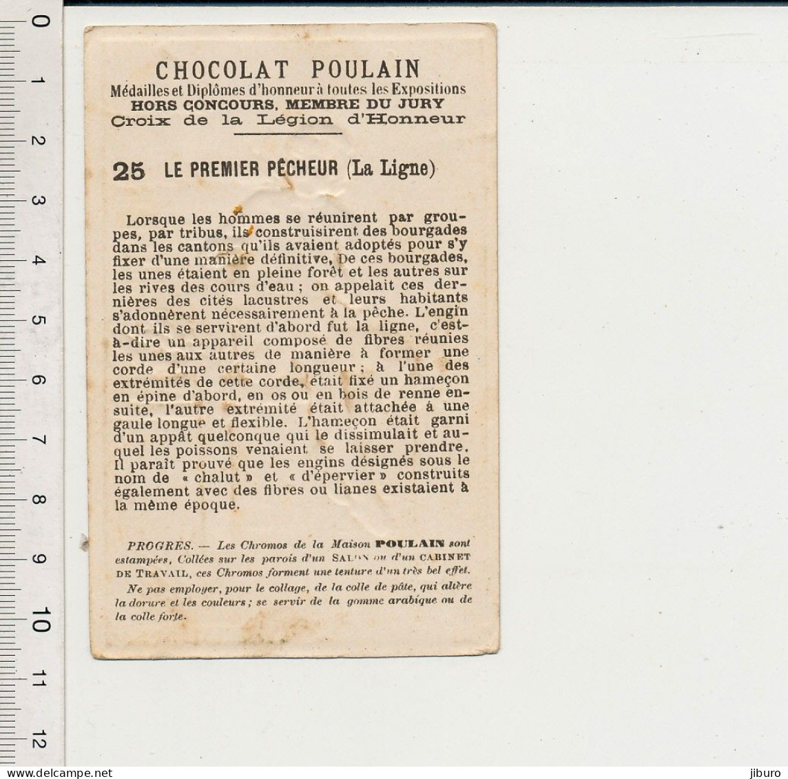 Image Chromo Gaufrée Ancienne Chocolat Poulain Progrès Premier Pêcheur à La Ligne Habitation Lacustre Maison Pilotis - Poulain