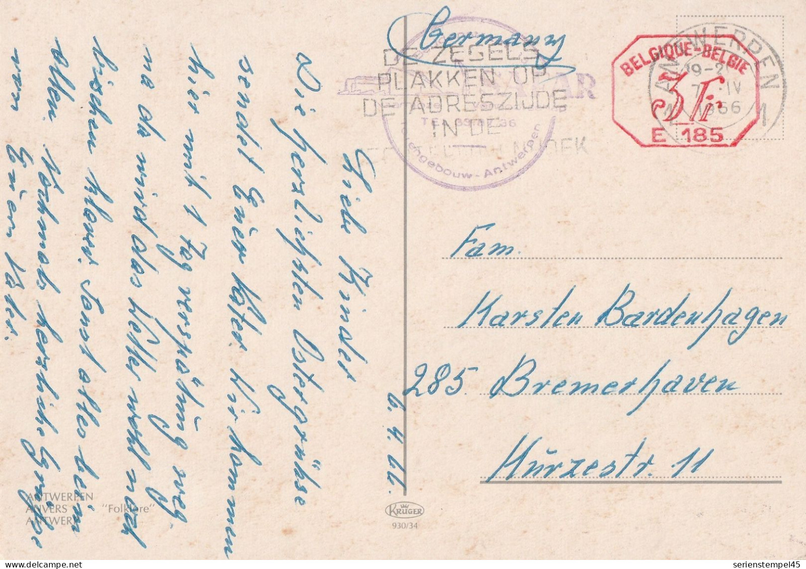 Belgien Ansichtskarte Mit Postfreistempel Freistempel 1966 Antwerpen E 185 Nach Bremerhaven - 1960-79