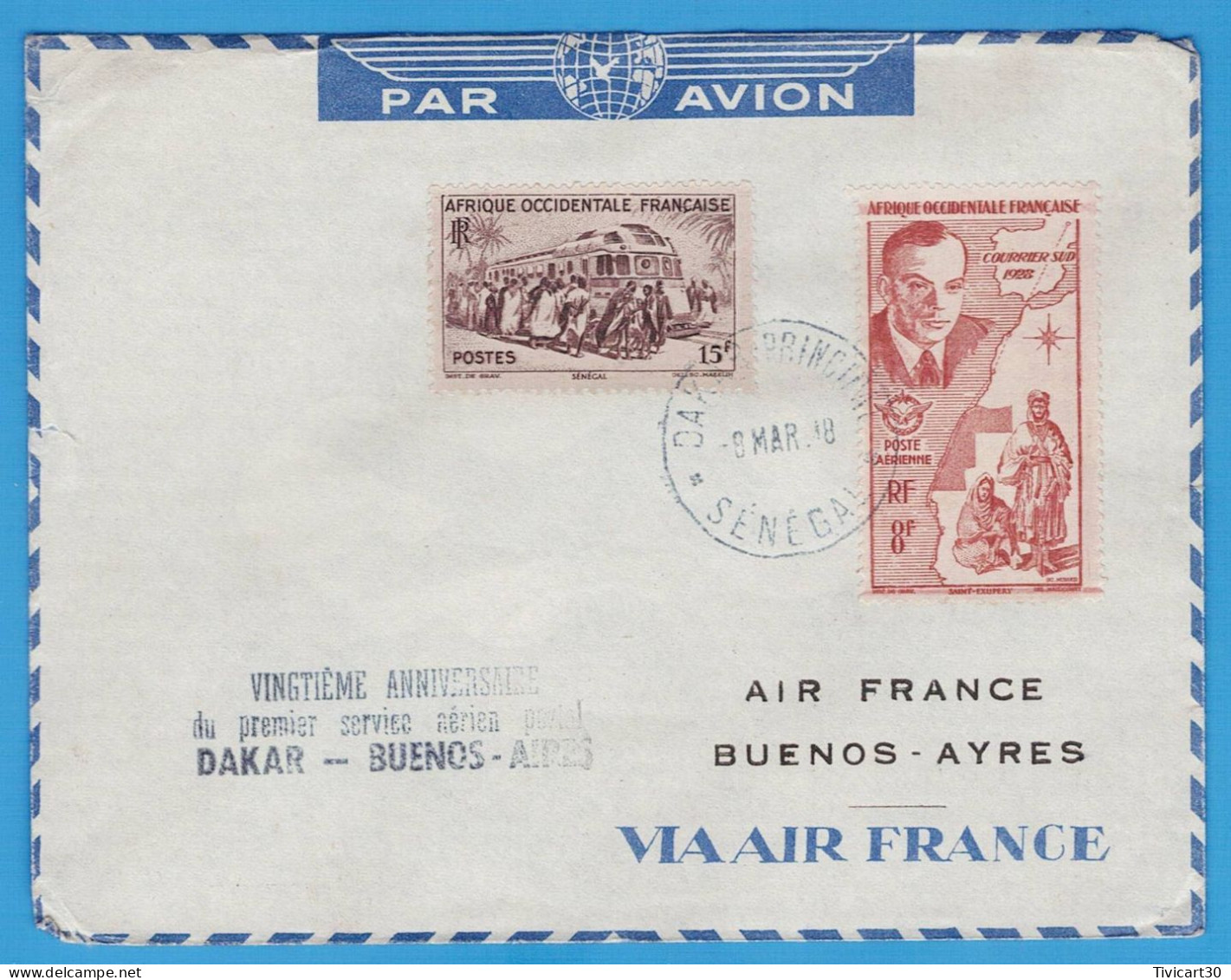 LETTRE PAR AVION DE 1948 - 20° ANNIVERSAIRE DU 1° SERVICE AERIEN POSTAL DAKAR BUENOS-AIRES VIA AIR FRANCE - Luftpost