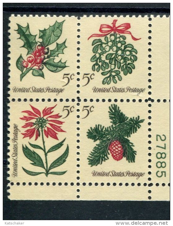 222098121 1964 (XX) SCOTT 1257C POSTFRIS MINT NEVER HINGED  CHRISTMAS FLORA TAGGED BLOCK WITH PLATE NUMBER - Unused Stamps