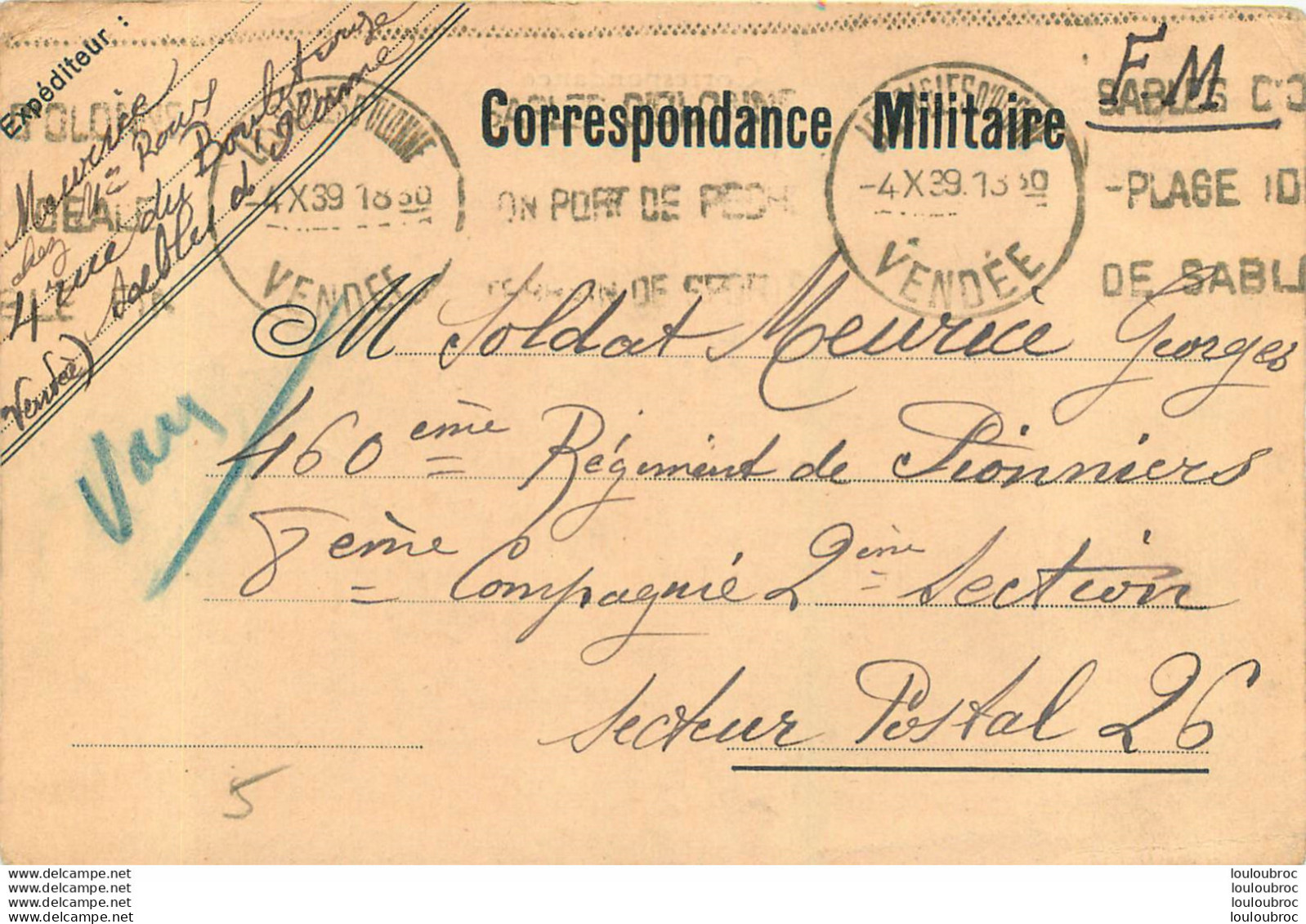 CORRESPONDANCE MILITAIRE 10/1939 POUR SOLDAT MEURICE GEORGES 460em REGIMENT DE PIONNIERS 8e COMPAGNIE  SP 26 - 1939-45