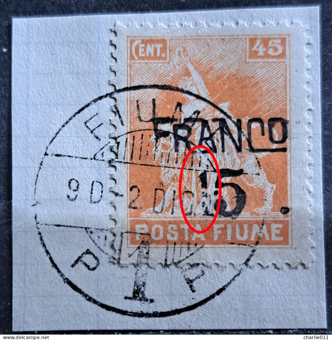 ALLEGORY OF FREEDOM-15 ON 45-ERROR BROKEN 1-POSTMARK FIUME-ITALY-YUGOSLAVIA-CROATIA-1919 - Croazia