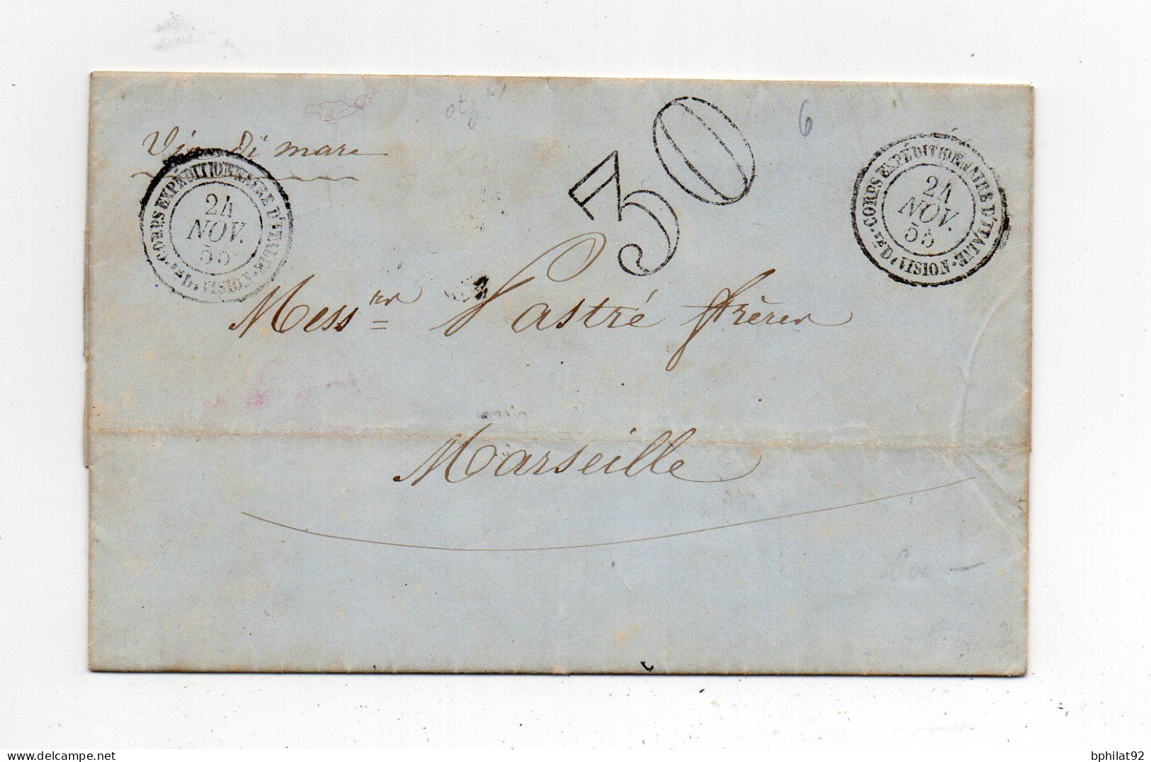 !!! CACHET CORPS EXP D'ITALIE 1ERE DIVISION SUR LETTRE DE ROME DE 1855 POUR MARSEILLE - Armeestempel (vor 1900)