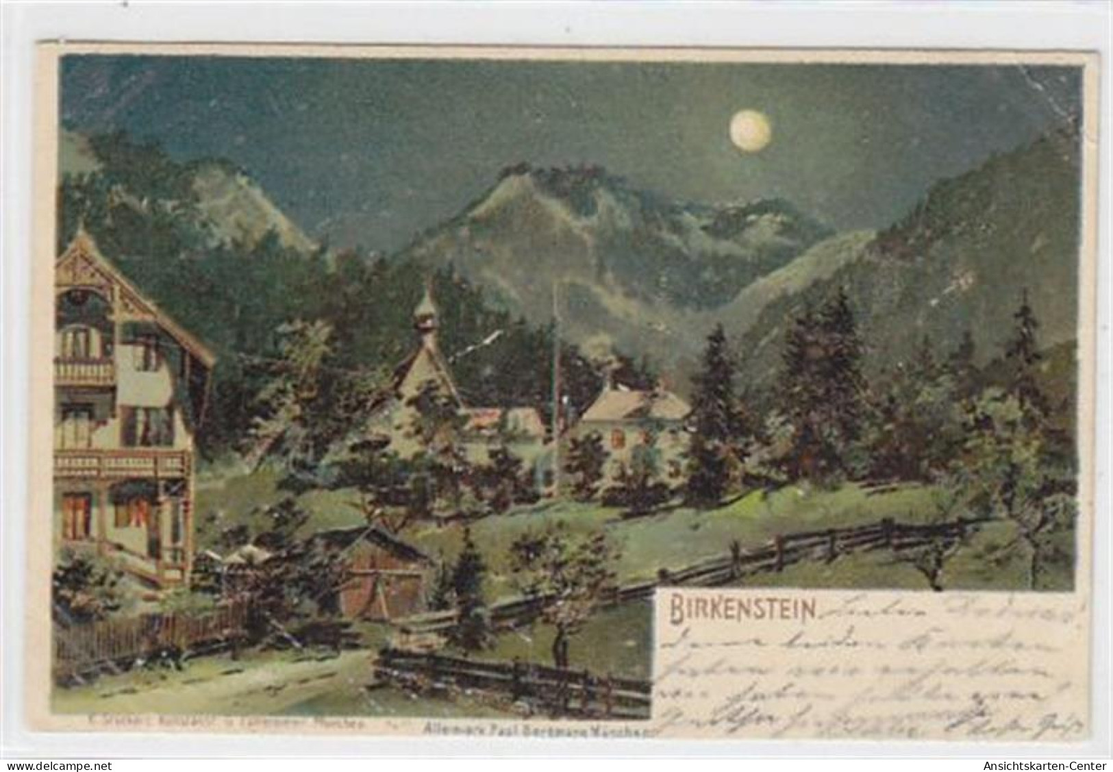 39045802 - Mondscheinlithographie Birkenstein.  EineTeilansicht Kirche Gelaufen Am 26. Juli 1900 Eckbug Oben Rechts Son - Bad Wiessee