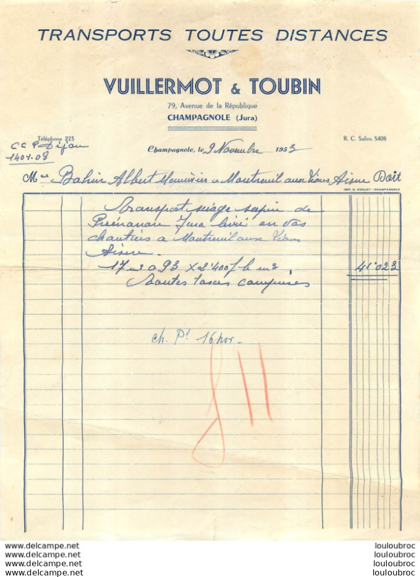 DOCUMENT COMMERCIAL 1953 VUILLERMOT ET TOUBIN TRANSPORT TOUTES DISTANCES A CHAMPAGNOLE 79 AV DE LA REPUBLIQUE - 1950 - ...