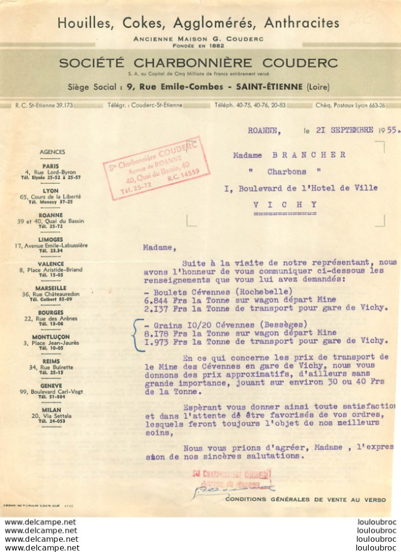 FACTURE 1955 SOCIETE CHARBONNIERE COUDERC HOUILLES COKES 9 RUE EMILE COMBES A SAINT ETIENNE - 1950 - ...
