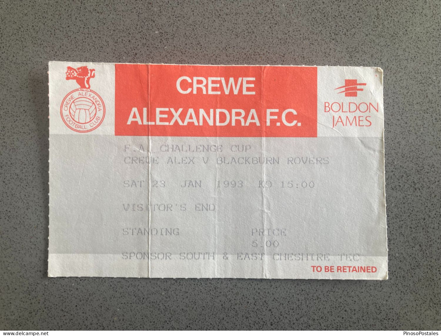 Crewe Alexandra V Blackburn Rovers 1992-93 Match Ticket - Eintrittskarten