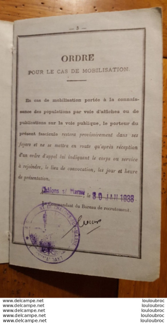 FASCICULE DE MOBILISATION CHALONS SUR MARNE 1938 - 1939-45