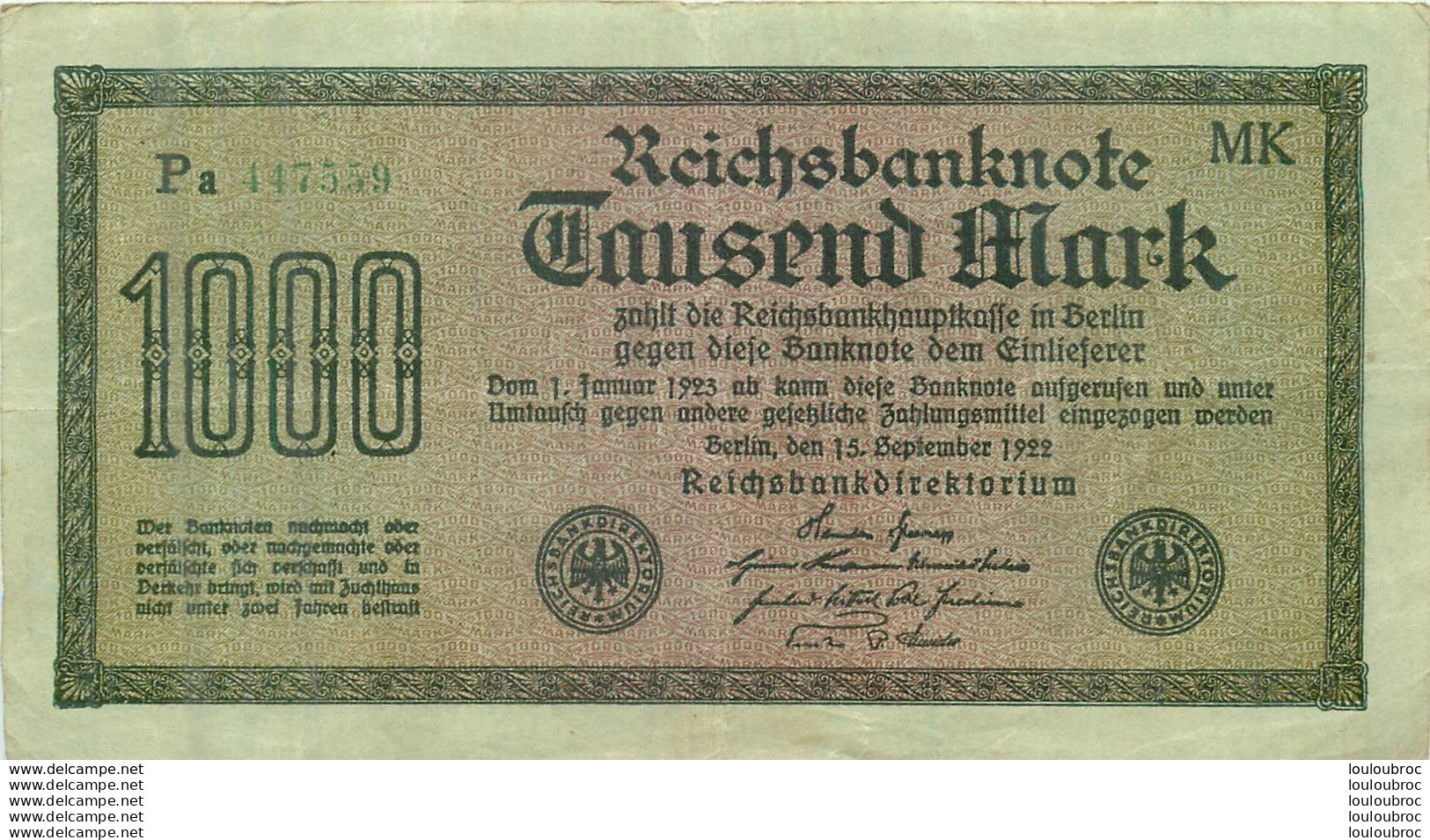 BILLET ALLEMANGNE REICHSBANKNOTE 1000 MARK ANNEE 1922 - 1000 Mark