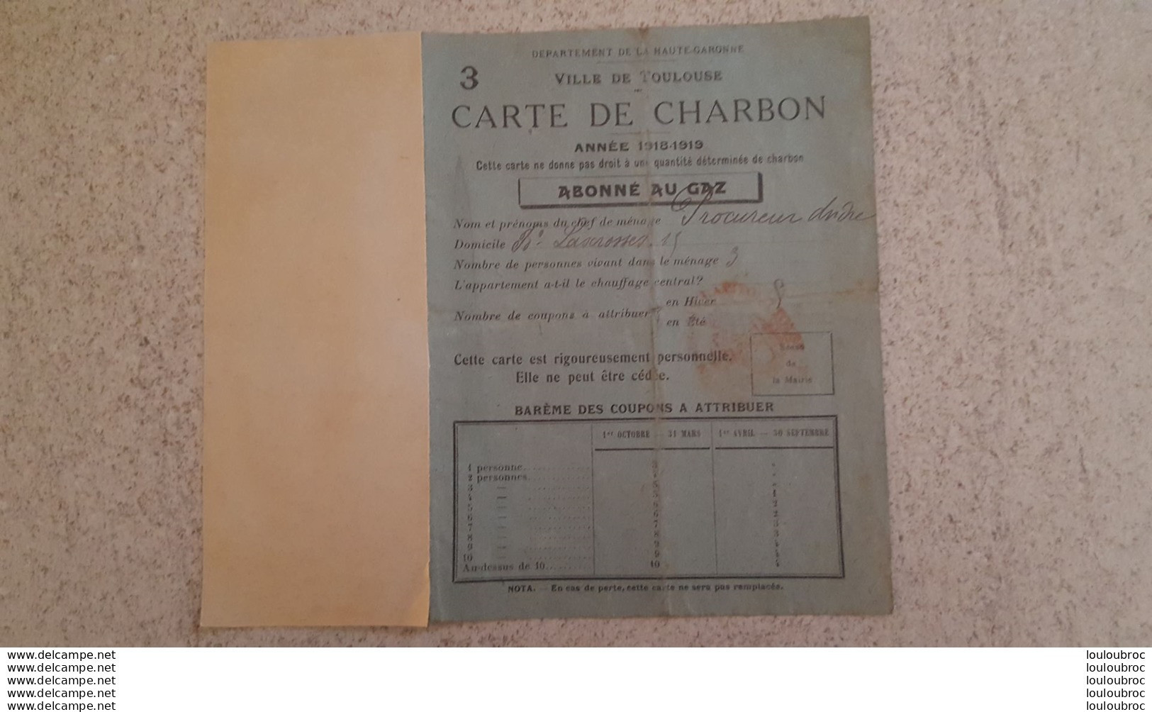 CARTE DE CHARBON VILLE DE TOULOUSE  ABONNE AU GAZ ANNEE 1918-1919 - Documents Historiques