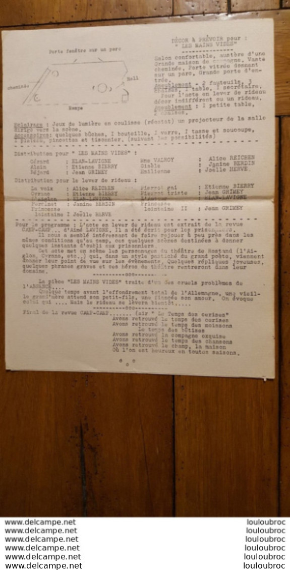 RARE DOCUMENT DE 3 PAGES LES COMEDIENS LIBRES ANCIENS PRISONNIERS DE GUERRE SPECTACLE DE 1947 EN 3 ACTES - 1939-45