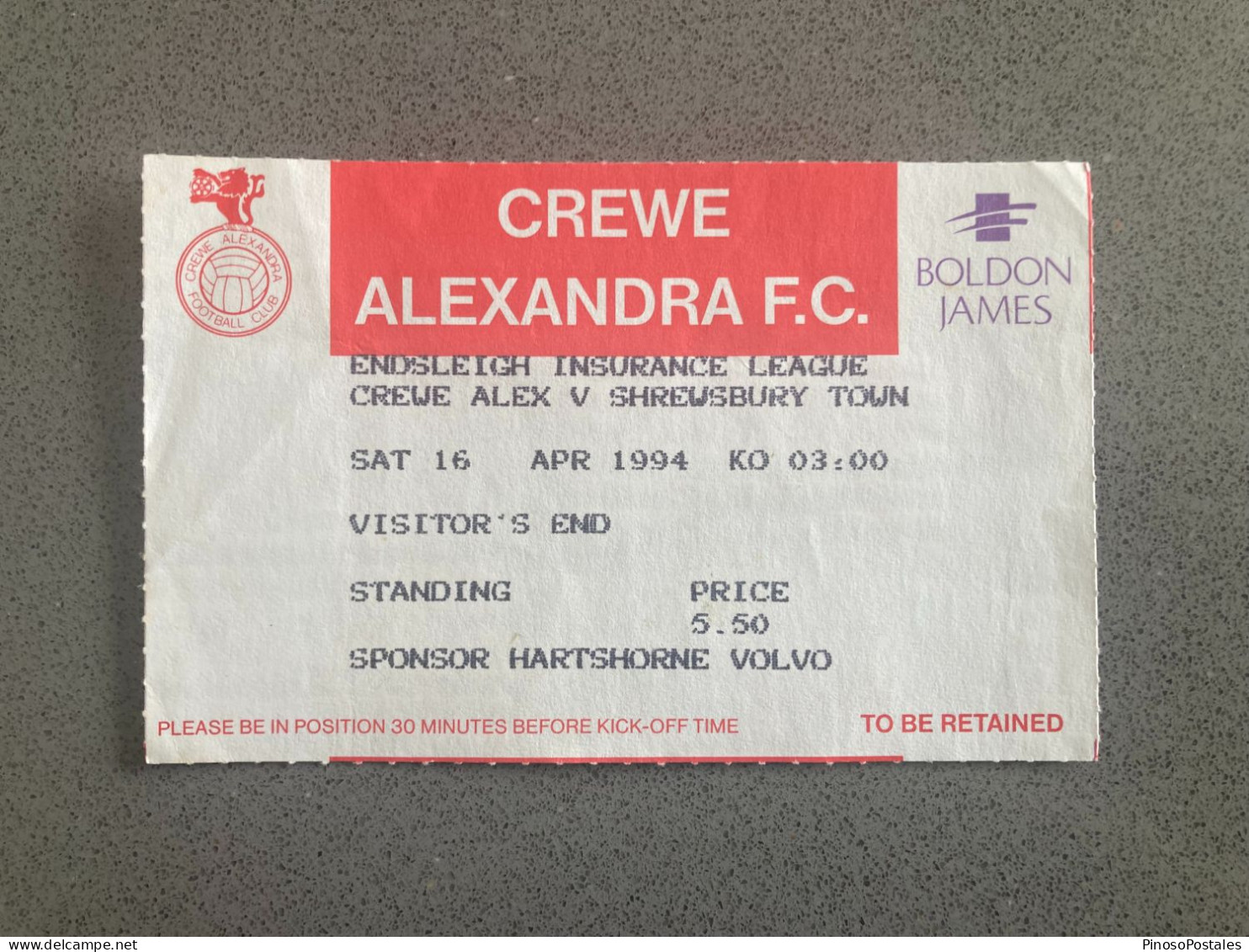 Crewe Alexandra V Shrewsbury Town 1993-94 Match Ticket - Tickets D'entrée